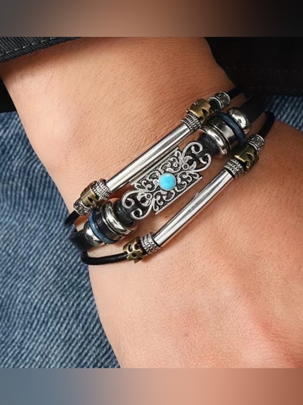 Western Bracelet Boho Multi-Strand Leather Bracelet with Turquoise Accent
